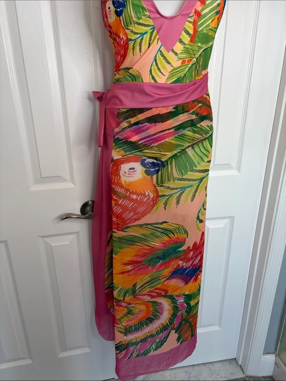 Pink Tropical One-Piece Swimsuit Tie Straps Matching Maxi Sarong Wrap Set Size M